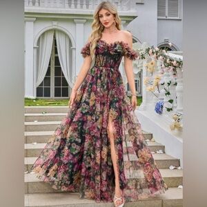 Floral Off-Shoulder Maxi Dress with High Slit - Black/Pink Floral